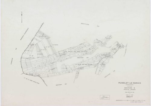 PUISELET-LE-MARAIS, plans minutes de conservation : tableau d'assemblage, 1935, Ech. 1/10000 ; plans des sections A, B, C2, F, G, 1935, Ech. 1/2500, section C1, 1935, Ech. 1/1250, section ZA, 1961, Ech. 1/2000, sections ZB, ZC, ZD, ZE, ZH, ZI, 1968, Ech. 