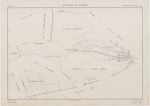 PUISELET-LE-MARAIS, plans minutes de conservation : tableau d'assemblage, 1935, Ech. 1/10000 ; plans des sections A, B, C2, F, G, 1935, Ech. 1/2500, section C1, 1935, Ech. 1/1250, section ZA, 1961, Ech. 1/2000, sections ZB, ZC, ZD, ZE, ZH, ZI, 1968, Ech. 