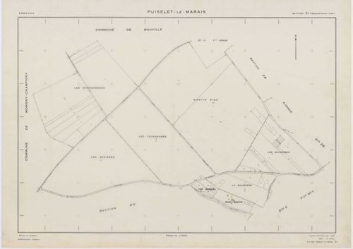 PUISELET-LE-MARAIS, plans minutes de conservation : tableau d'assemblage, 1935, Ech. 1/10000 ; plans des sections A, B, C2, F, G, 1935, Ech. 1/2500, section C1, 1935, Ech. 1/1250, section ZA, 1961, Ech. 1/2000, sections ZB, ZC, ZD, ZE, ZH, ZI, 1968, Ech. 