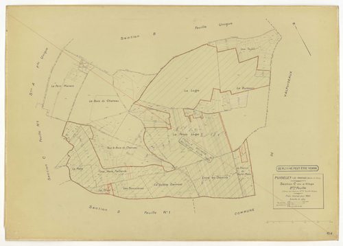 Plans minutes de conservation : PUISELET-LE-MARAIS : tableau d'assemblage n°1, ech. 1/10000 (1935), sections A, B, C2, D1, D2, E, F, G, H, ech. 1/2500 (1935) ; tableau d'assemblage n°2, ech. 1/10000 (1935-1957), section H, ech. 1/2500 (1935-1957) ; tablea