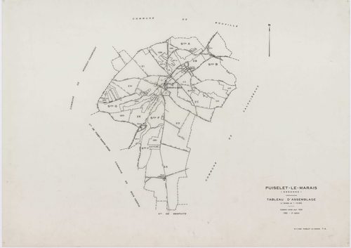 PUISELET-LE-MARAIS, plans minutes de conservation : tableau d'assemblage, 1935, Ech. 1/10000 ; plans des sections A, B, C2, F, G, 1935, Ech. 1/2500, section C1, 1935, Ech. 1/1250, section ZA, 1961, Ech. 1/2000, sections ZB, ZC, ZD, ZE, ZH, ZI, 1968, Ech. 
