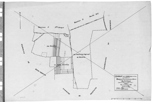 PUISELET-LE-MARAIS. - Cadastre révisé pour 1935 : plan de la section E les Houches de Mézières ; cadastre renouvelé pour 1961 : plan de la section ZA ; cadastre renouvelé pour 1968 : plan de la section ZE, [3 plans]. 