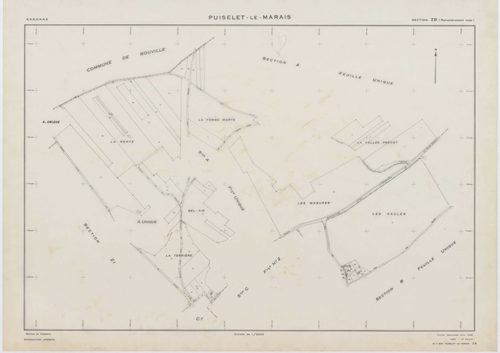 PUISELET-LE-MARAIS, plans minutes de conservation : tableau d'assemblage, 1935, Ech. 1/10000 ; plans des sections A, B, C2, F, G, 1935, Ech. 1/2500, section C1, 1935, Ech. 1/1250, section ZA, 1961, Ech. 1/2000, sections ZB, ZC, ZD, ZE, ZH, ZI, 1968, Ech. 