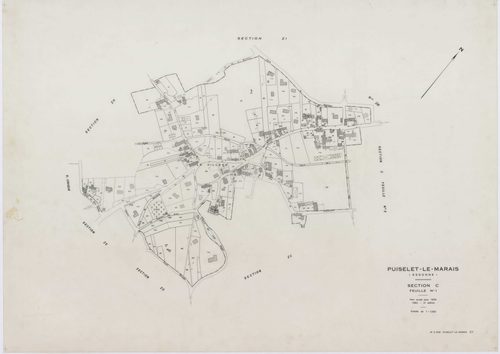 PUISELET-LE-MARAIS, plans minutes de conservation : tableau d'assemblage, 1935, Ech. 1/10000 ; plans des sections A, B, C2, F, G, 1935, Ech. 1/2500, section C1, 1935, Ech. 1/1250, section ZA, 1961, Ech. 1/2000, sections ZB, ZC, ZD, ZE, ZH, ZI, 1968, Ech. 