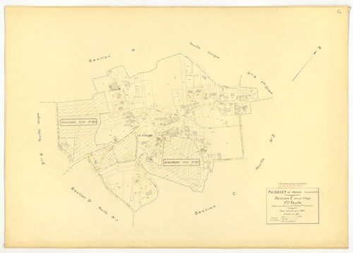 Plans minutes de conservation : PUISELET-LE-MARAIS : tableau d'assemblage n°1, ech. 1/10000 (1935), sections A, B, C2, D1, D2, E, F, G, H, ech. 1/2500 (1935) ; tableau d'assemblage n°2, ech. 1/10000 (1935-1957), section H, ech. 1/2500 (1935-1957) ; tablea