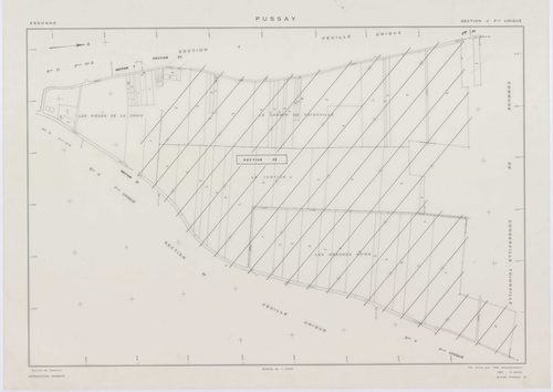 PUSSAY, plans minutes de conservation : tableau d'assemblage,1952, Ech. 1/10000 ; plans des sections O1, O2, 1952, Ech. 1/1000, sections Q, R, S, T, U, Y, Z, 1952, Ech. 1/2000, sections ZB, ZC, ZD, ZE, ZH, ZI, ZK, ZL, ZM, ZN, 1991, Ech. 1/2000. Polyester.