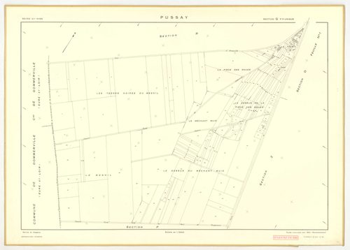 Plans minutes de conservation : PUSSAY : tableau d'assemblage, ech. 1/10000 (1952), sections O1, O2, ech. 1/1000 (1952), sections P, Q, R, S, T, U, V, W, Y, Z, ech. 1/2000 (1952) ; section ZA, ech. 1/2000 (1981), NB, papier, 105x80 [14 plans]. 