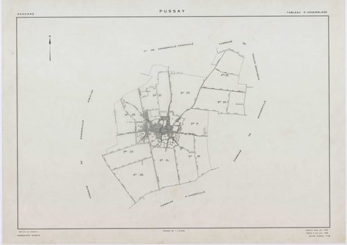 PUSSAY, plans minutes de conservation : tableau d'assemblage,1952, Ech. 1/10000 ; plans des sections O1, O2, 1952, Ech. 1/1000, sections Q, R, S, T, U, Y, Z, 1952, Ech. 1/2000, sections ZB, ZC, ZD, ZE, ZH, ZI, ZK, ZL, ZM, ZN, 1991, Ech. 1/2000. Polyester.