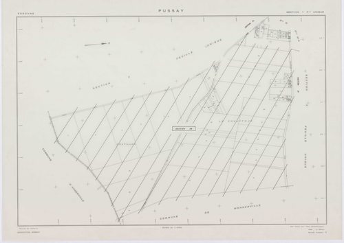 PUSSAY, plans minutes de conservation : tableau d'assemblage,1952, Ech. 1/10000 ; plans des sections O1, O2, 1952, Ech. 1/1000, sections Q, R, S, T, U, Y, Z, 1952, Ech. 1/2000, sections ZB, ZC, ZD, ZE, ZH, ZI, ZK, ZL, ZM, ZN, 1991, Ech. 1/2000. Polyester.