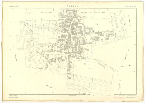 Plans minutes de conservation : PUSSAY : tableau d'assemblage, ech. 1/10000 (1952), sections O1, O2, ech. 1/1000 (1952), sections P, Q, R, S, T, U, V, W, Y, Z, ech. 1/2000 (1952) ; section ZA, ech. 1/2000 (1981), NB, papier, 105x80 [14 plans]. 