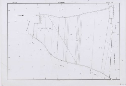 PUSSAY, plans minutes de conservation : tableau d'assemblage,1952, Ech. 1/10000 ; plans des sections O1, O2, 1952, Ech. 1/1000, sections Q, R, S, T, U, Y, Z, 1952, Ech. 1/2000, sections ZB, ZC, ZD, ZE, ZH, ZI, ZK, ZL, ZM, ZN, 1991, Ech. 1/2000. Polyester.