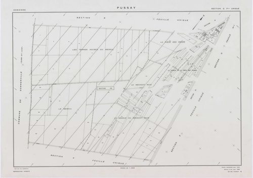 PUSSAY, plans minutes de conservation : tableau d'assemblage,1952, Ech. 1/10000 ; plans des sections O1, O2, 1952, Ech. 1/1000, sections Q, R, S, T, U, Y, Z, 1952, Ech. 1/2000, sections ZB, ZC, ZD, ZE, ZH, ZI, ZK, ZL, ZM, ZN, 1991, Ech. 1/2000. Polyester.