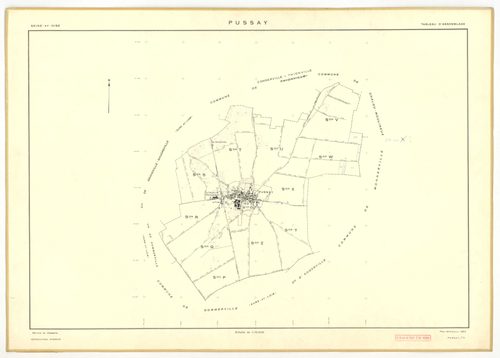 Plans minutes de conservation : PUSSAY : tableau d'assemblage, ech. 1/10000 (1952), sections O1, O2, ech. 1/1000 (1952), sections P, Q, R, S, T, U, V, W, Y, Z, ech. 1/2000 (1952) ; section ZA, ech. 1/2000 (1981), NB, papier, 105x80 [14 plans]. 