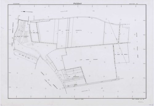 PUSSAY, plans minutes de conservation : tableau d'assemblage,1952, Ech. 1/10000 ; plans des sections O1, O2, 1952, Ech. 1/1000, sections Q, R, S, T, U, Y, Z, 1952, Ech. 1/2000, sections ZB, ZC, ZD, ZE, ZH, ZI, ZK, ZL, ZM, ZN, 1991, Ech. 1/2000. Polyester.