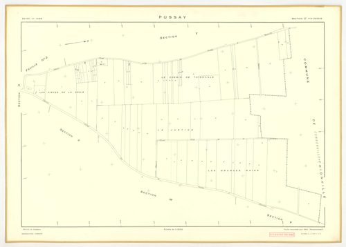 Plans minutes de conservation : PUSSAY : tableau d'assemblage, ech. 1/10000 (1952), sections O1, O2, ech. 1/1000 (1952), sections P, Q, R, S, T, U, V, W, Y, Z, ech. 1/2000 (1952) ; section ZA, ech. 1/2000 (1981), NB, papier, 105x80 [14 plans]. 