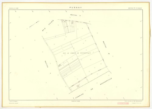 Plans minutes de conservation : PUSSAY : tableau d'assemblage, ech. 1/10000 (1952), sections O1, O2, ech. 1/1000 (1952), sections P, Q, R, S, T, U, V, W, Y, Z, ech. 1/2000 (1952) ; section ZA, ech. 1/2000 (1981), NB, papier, 105x80 [14 plans]. 