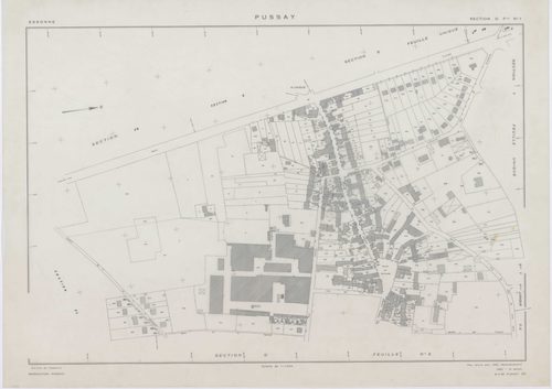 PUSSAY, plans minutes de conservation : tableau d'assemblage,1952, Ech. 1/10000 ; plans des sections O1, O2, 1952, Ech. 1/1000, sections Q, R, S, T, U, Y, Z, 1952, Ech. 1/2000, sections ZB, ZC, ZD, ZE, ZH, ZI, ZK, ZL, ZM, ZN, 1991, Ech. 1/2000. Polyester.