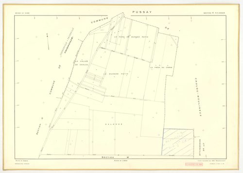 Plans minutes de conservation : PUSSAY : tableau d'assemblage, ech. 1/10000 (1952), sections O1, O2, ech. 1/1000 (1952), sections P, Q, R, S, T, U, V, W, Y, Z, ech. 1/2000 (1952) ; section ZA, ech. 1/2000 (1981), NB, papier, 105x80 [14 plans]. 