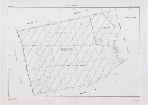 PUSSAY, plans minutes de conservation : tableau d'assemblage,1952, Ech. 1/10000 ; plans des sections O1, O2, 1952, Ech. 1/1000, sections Q, R, S, T, U, Y, Z, 1952, Ech. 1/2000, sections ZB, ZC, ZD, ZE, ZH, ZI, ZK, ZL, ZM, ZN, 1991, Ech. 1/2000. Polyester.