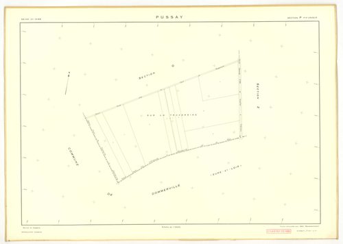 Plans minutes de conservation : PUSSAY : tableau d'assemblage, ech. 1/10000 (1952), sections O1, O2, ech. 1/1000 (1952), sections P, Q, R, S, T, U, V, W, Y, Z, ech. 1/2000 (1952) ; section ZA, ech. 1/2000 (1981), NB, papier, 105x80 [14 plans]. 