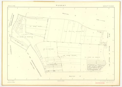 Plans minutes de conservation : PUSSAY : tableau d'assemblage, ech. 1/10000 (1952), sections O1, O2, ech. 1/1000 (1952), sections P, Q, R, S, T, U, V, W, Y, Z, ech. 1/2000 (1952) ; section ZA, ech. 1/2000 (1981), NB, papier, 105x80 [14 plans]. 