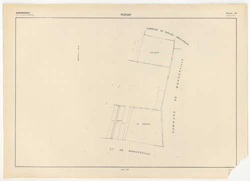 Plans minutes de conservation : PUSSAY : tableau d'assemblage, ech. 1/10000 (1952), sections O1, O2, ech. 1/1000 (1952), sections P, Q, R, S, T, U, V, W, Y, Z, ech. 1/2000 (1952) ; section ZA, ech. 1/2000 (1981), NB, papier, 105x80 [14 plans]. 