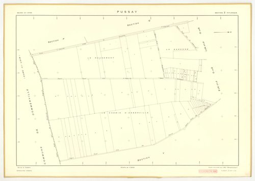 Plans minutes de conservation : PUSSAY : tableau d'assemblage, ech. 1/10000 (1952), sections O1, O2, ech. 1/1000 (1952), sections P, Q, R, S, T, U, V, W, Y, Z, ech. 1/2000 (1952) ; section ZA, ech. 1/2000 (1981), NB, papier, 105x80 [14 plans]. 