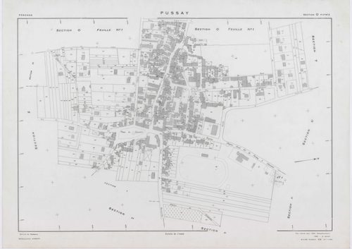 PUSSAY, plans minutes de conservation : tableau d'assemblage,1952, Ech. 1/10000 ; plans des sections O1, O2, 1952, Ech. 1/1000, sections Q, R, S, T, U, Y, Z, 1952, Ech. 1/2000, sections ZB, ZC, ZD, ZE, ZH, ZI, ZK, ZL, ZM, ZN, 1991, Ech. 1/2000. Polyester.
