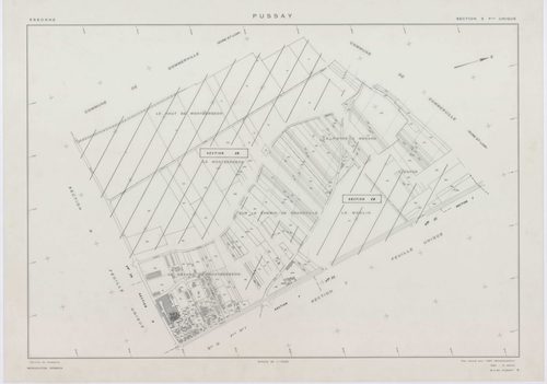 PUSSAY, plans minutes de conservation : tableau d'assemblage,1952, Ech. 1/10000 ; plans des sections O1, O2, 1952, Ech. 1/1000, sections Q, R, S, T, U, Y, Z, 1952, Ech. 1/2000, sections ZB, ZC, ZD, ZE, ZH, ZI, ZK, ZL, ZM, ZN, 1991, Ech. 1/2000. Polyester.