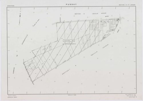 PUSSAY, plans minutes de conservation : tableau d'assemblage,1952, Ech. 1/10000 ; plans des sections O1, O2, 1952, Ech. 1/1000, sections Q, R, S, T, U, Y, Z, 1952, Ech. 1/2000, sections ZB, ZC, ZD, ZE, ZH, ZI, ZK, ZL, ZM, ZN, 1991, Ech. 1/2000. Polyester.