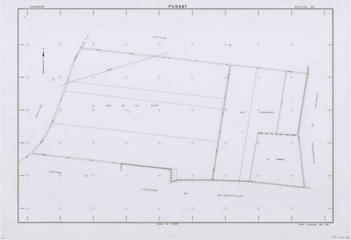 PUSSAY, plans minutes de conservation : tableau d'assemblage,1952, Ech. 1/10000 ; plans des sections O1, O2, 1952, Ech. 1/1000, sections Q, R, S, T, U, Y, Z, 1952, Ech. 1/2000, sections ZB, ZC, ZD, ZE, ZH, ZI, ZK, ZL, ZM, ZN, 1991, Ech. 1/2000. Polyester.