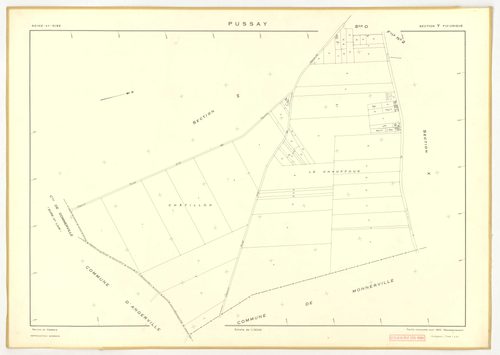 Plans minutes de conservation : PUSSAY : tableau d'assemblage, ech. 1/10000 (1952), sections O1, O2, ech. 1/1000 (1952), sections P, Q, R, S, T, U, V, W, Y, Z, ech. 1/2000 (1952) ; section ZA, ech. 1/2000 (1981), NB, papier, 105x80 [14 plans]. 