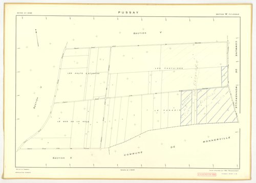 Plans minutes de conservation : PUSSAY : tableau d'assemblage, ech. 1/10000 (1952), sections O1, O2, ech. 1/1000 (1952), sections P, Q, R, S, T, U, V, W, Y, Z, ech. 1/2000 (1952) ; section ZA, ech. 1/2000 (1981), NB, papier, 105x80 [14 plans]. 