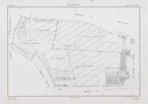 PUSSAY, plans minutes de conservation : tableau d'assemblage,1952, Ech. 1/10000 ; plans des sections O1, O2, 1952, Ech. 1/1000, sections Q, R, S, T, U, Y, Z, 1952, Ech. 1/2000, sections ZB, ZC, ZD, ZE, ZH, ZI, ZK, ZL, ZM, ZN, 1991, Ech. 1/2000. Polyester.