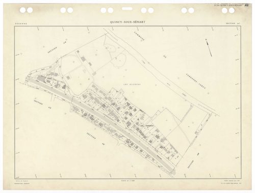 QUINCY-SOUS-SENART, plans minutes de conservation : tableau d'assemblage,1936, Ech. 1/5000 ; plans des sections B1, B2, B3, 1936, Ech. 1/1250, sections C1, C2, 1936, Ech. 1/2500, sections AA, AB, AC, AD, AK, AL, 1984, Ech. 1/1000, sections AE, AH, AI, 198