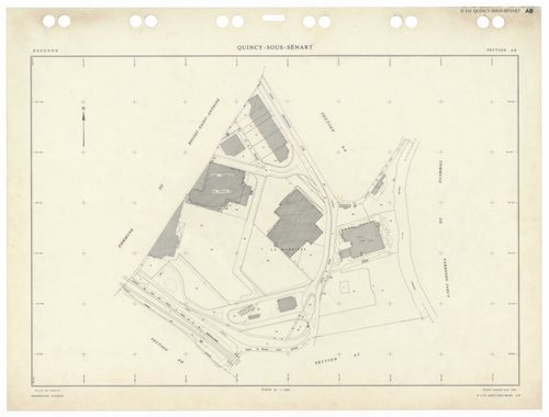 QUINCY-SOUS-SENART, plans minutes de conservation : tableau d'assemblage,1936, Ech. 1/5000 ; plans des sections B1, B2, B3, 1936, Ech. 1/1250, sections C1, C2, 1936, Ech. 1/2500, sections AA, AB, AC, AD, AK, AL, 1984, Ech. 1/1000, sections AE, AH, AI, 198