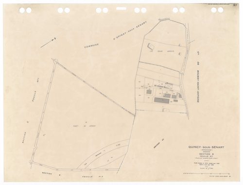 QUINCY-SOUS-SENART, plans minutes de conservation : tableau d'assemblage,1936, Ech. 1/5000 ; plans des sections B1, B2, B3, 1936, Ech. 1/1250, sections C1, C2, 1936, Ech. 1/2500, sections AA, AB, AC, AD, AK, AL, 1984, Ech. 1/1000, sections AE, AH, AI, 198
