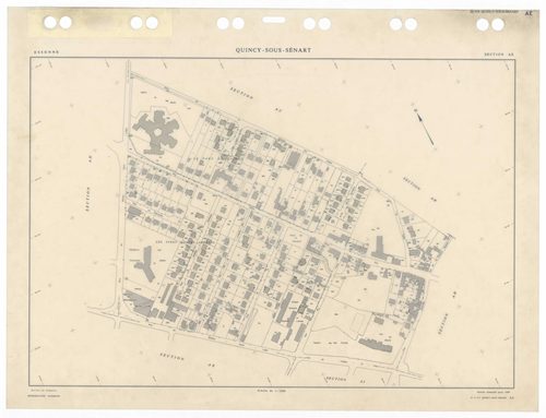 QUINCY-SOUS-SENART, plans minutes de conservation : tableau d'assemblage,1936, Ech. 1/5000 ; plans des sections B1, B2, B3, 1936, Ech. 1/1250, sections C1, C2, 1936, Ech. 1/2500, sections AA, AB, AC, AD, AK, AL, 1984, Ech. 1/1000, sections AE, AH, AI, 198