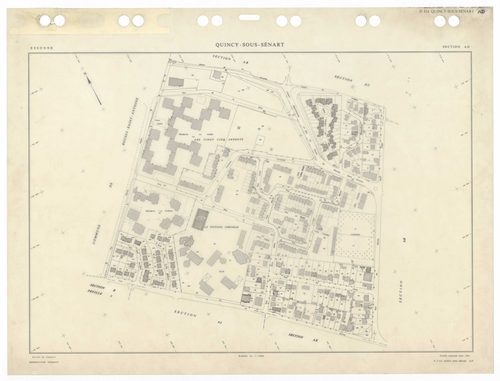 QUINCY-SOUS-SENART, plans minutes de conservation : tableau d'assemblage,1936, Ech. 1/5000 ; plans des sections B1, B2, B3, 1936, Ech. 1/1250, sections C1, C2, 1936, Ech. 1/2500, sections AA, AB, AC, AD, AK, AL, 1984, Ech. 1/1000, sections AE, AH, AI, 198