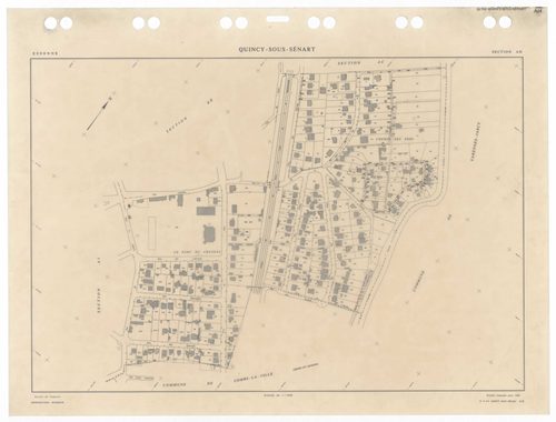 QUINCY-SOUS-SENART, plans minutes de conservation : tableau d'assemblage,1936, Ech. 1/5000 ; plans des sections B1, B2, B3, 1936, Ech. 1/1250, sections C1, C2, 1936, Ech. 1/2500, sections AA, AB, AC, AD, AK, AL, 1984, Ech. 1/1000, sections AE, AH, AI, 198