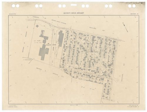 QUINCY-SOUS-SENART, plans minutes de conservation : tableau d'assemblage,1936, Ech. 1/5000 ; plans des sections B1, B2, B3, 1936, Ech. 1/1250, sections C1, C2, 1936, Ech. 1/2500, sections AA, AB, AC, AD, AK, AL, 1984, Ech. 1/1000, sections AE, AH, AI, 198