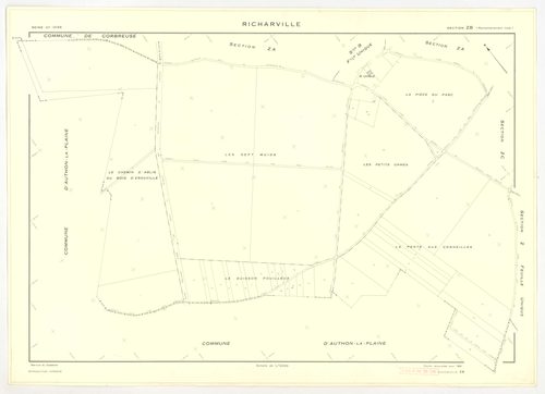 Plans minutes de conservation : RICHARVILLE : tableau d'assemblage, ech. 1/5000 (1932-1962) ; section A4, ech. 1/1250 (1932) ; sections A3, B1, ech. 1/25000 (1932-1952) ; sections A1, A2, B, ech. 1/2500 (1932-1961) ; sections X, Y, Z, ech. 1/2500 (1961) ;