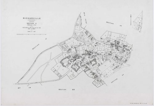 RICHARVILLE, plans minutes de conservation : tableau d'assemblage, 1932, Ech. 1/5000 ; plans des section A1, 1932, Ech. 1/2500, section A4, 1932, Ech. 1/1250, section ZD, 1961, Ech. 1/2000, sections ZI, ZK, ZL, ZM, ZN, ZO, ZP, ZR, 1994, Ech. 1/2000. Polye