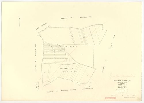 Plans minutes de conservation : RICHARVILLE : tableau d'assemblage, ech. 1/5000 (1932-1962) ; section A4, ech. 1/1250 (1932) ; sections A3, B1, ech. 1/25000 (1932-1952) ; sections A1, A2, B, ech. 1/2500 (1932-1961) ; sections X, Y, Z, ech. 1/2500 (1961) ;