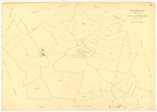 Plans minutes de conservation : RICHARVILLE : tableau d'assemblage, ech. 1/5000 (1932-1962) ; section A4, ech. 1/1250 (1932) ; sections A3, B1, ech. 1/25000 (1932-1952) ; sections A1, A2, B, ech. 1/2500 (1932-1961) ; sections X, Y, Z, ech. 1/2500 (1961) ;