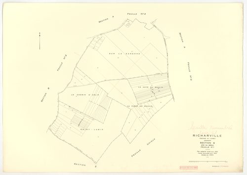 Plans minutes de conservation : RICHARVILLE : tableau d'assemblage, ech. 1/5000 (1932-1962) ; section A4, ech. 1/1250 (1932) ; sections A3, B1, ech. 1/25000 (1932-1952) ; sections A1, A2, B, ech. 1/2500 (1932-1961) ; sections X, Y, Z, ech. 1/2500 (1961) ;