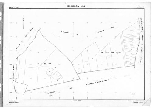 RICHARVILLE. - Cadastre révisé pour 1932 : plan du tableau d'assemblage, plans de la section A le Village 1ère feuille, idem 2ème feuille, idem 3ème feuille, section B le Bréau 1ère feuille, idem 2ème feuille ; cadastre renouvelé pour 1952 : plans de la s