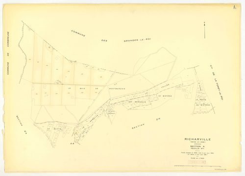 Plans minutes de conservation : RICHARVILLE : tableau d'assemblage, ech. 1/5000 (1932-1962) ; section A4, ech. 1/1250 (1932) ; sections A3, B1, ech. 1/25000 (1932-1952) ; sections A1, A2, B, ech. 1/2500 (1932-1961) ; sections X, Y, Z, ech. 1/2500 (1961) ;