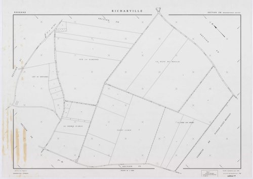 RICHARVILLE, plans minutes de conservation : tableau d'assemblage, 1932, Ech. 1/5000 ; plans des section A1, 1932, Ech. 1/2500, section A4, 1932, Ech. 1/1250, section ZD, 1961, Ech. 1/2000, sections ZI, ZK, ZL, ZM, ZN, ZO, ZP, ZR, 1994, Ech. 1/2000. Polye
