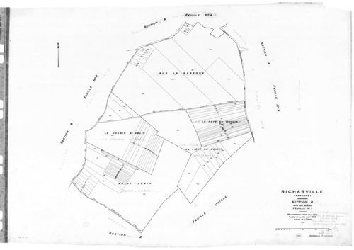 RICHARVILLE. - Cadastre révisé pour 1932 : plan du tableau d'assemblage, plans de la section A le Village 1ère feuille, idem 2ème feuille, idem 3ème feuille, section B le Bréau 1ère feuille, idem 2ème feuille ; cadastre renouvelé pour 1952 : plans de la s